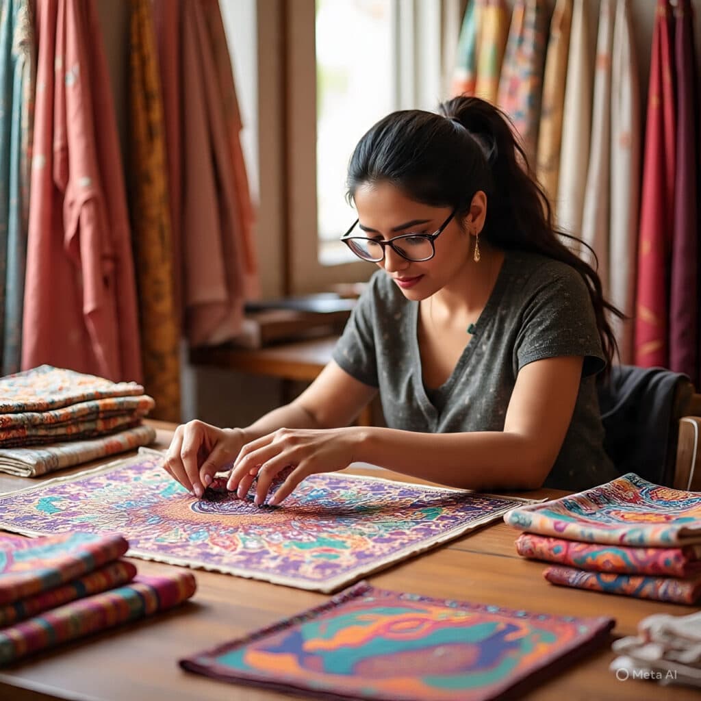 Modern Indian woman running her own boutique, learning tailoring online with ONSA