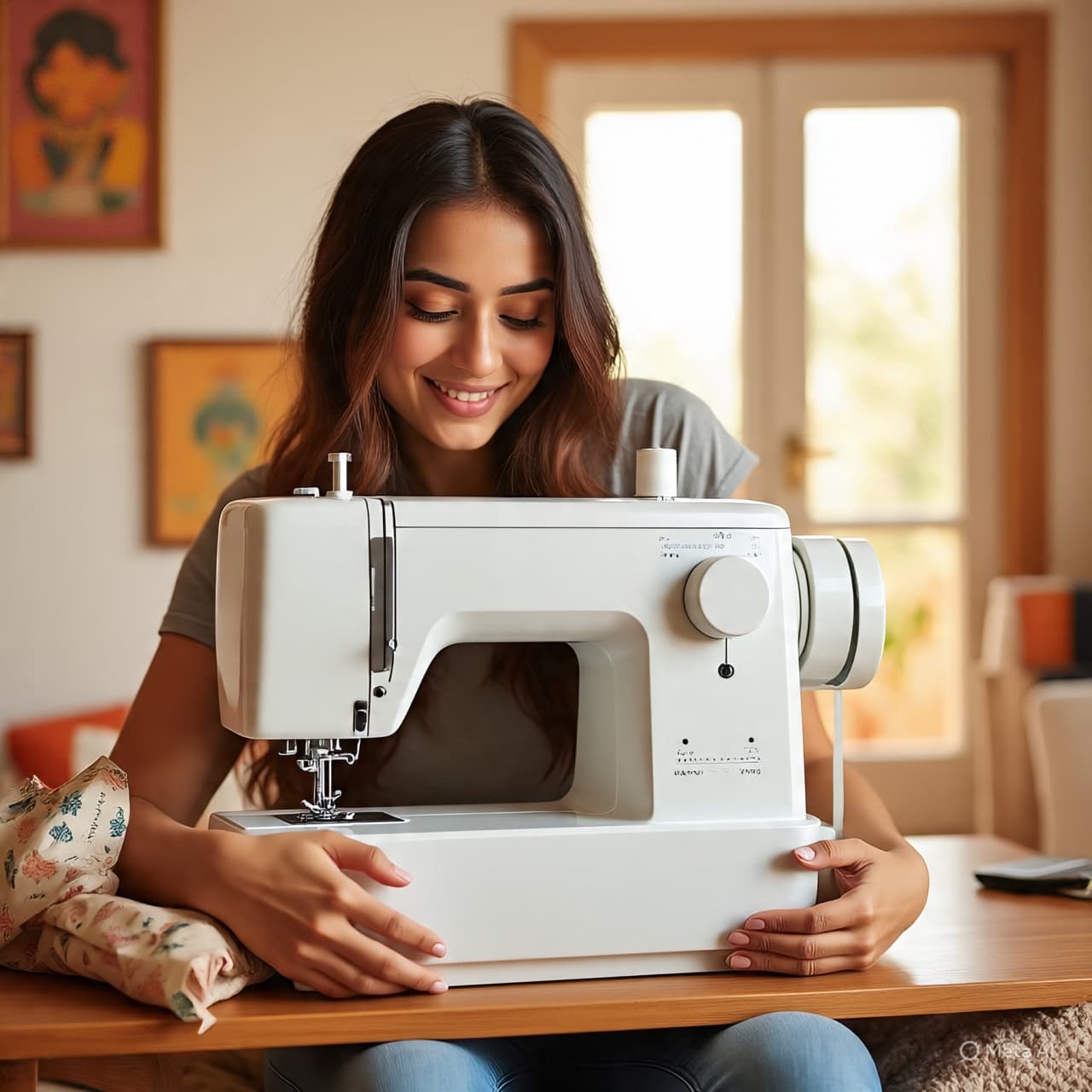 Young Indian woman celebrating her progress in ONSA's online sewing classes