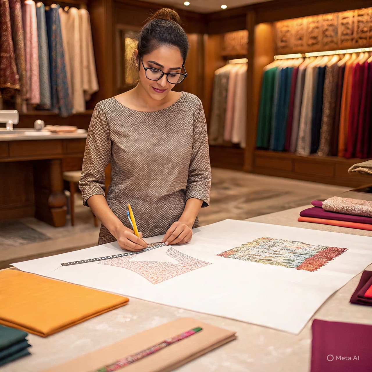 Indian woman at her boutique stitching garments learned through ONSA's fashion designing courses